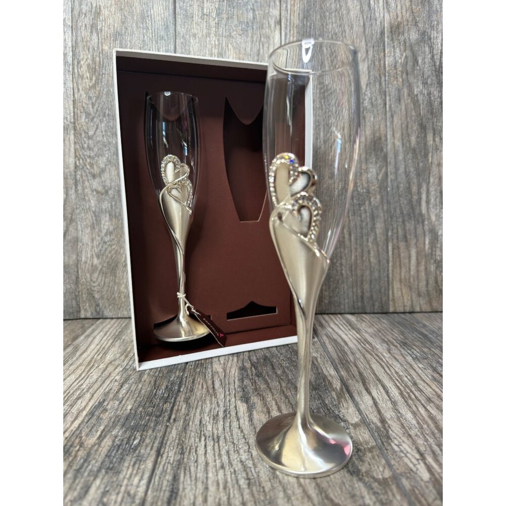 NEW PAPYRUS Champagne His and Hers Double Heart Toasting Glass Flutes